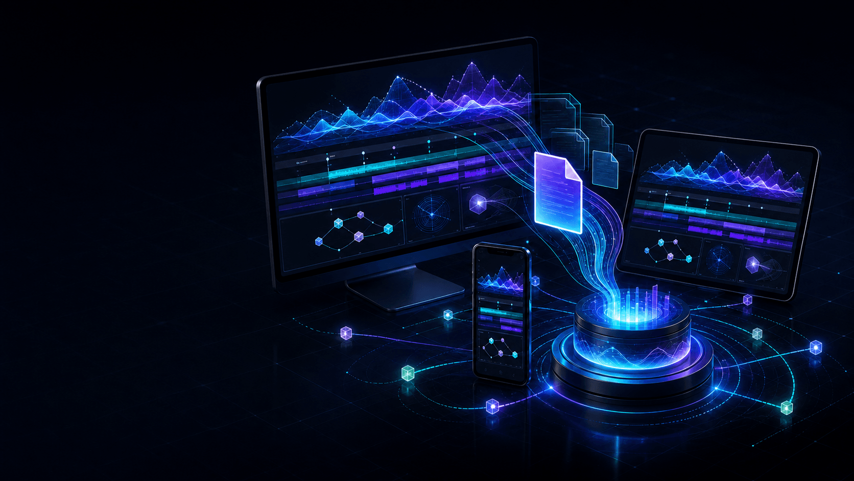 A visualizer composition flowing between desktop, tablet and phone through a luminous revision archive