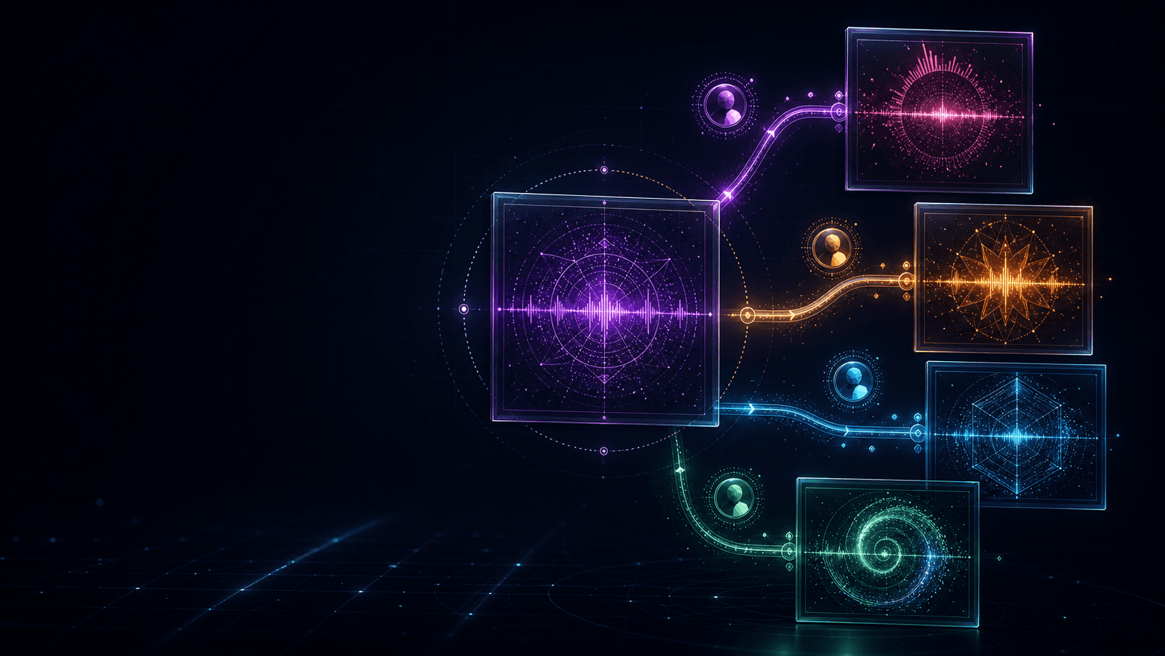 One private visualizer branching into four attributed community remixes with distinct colors and geometry
