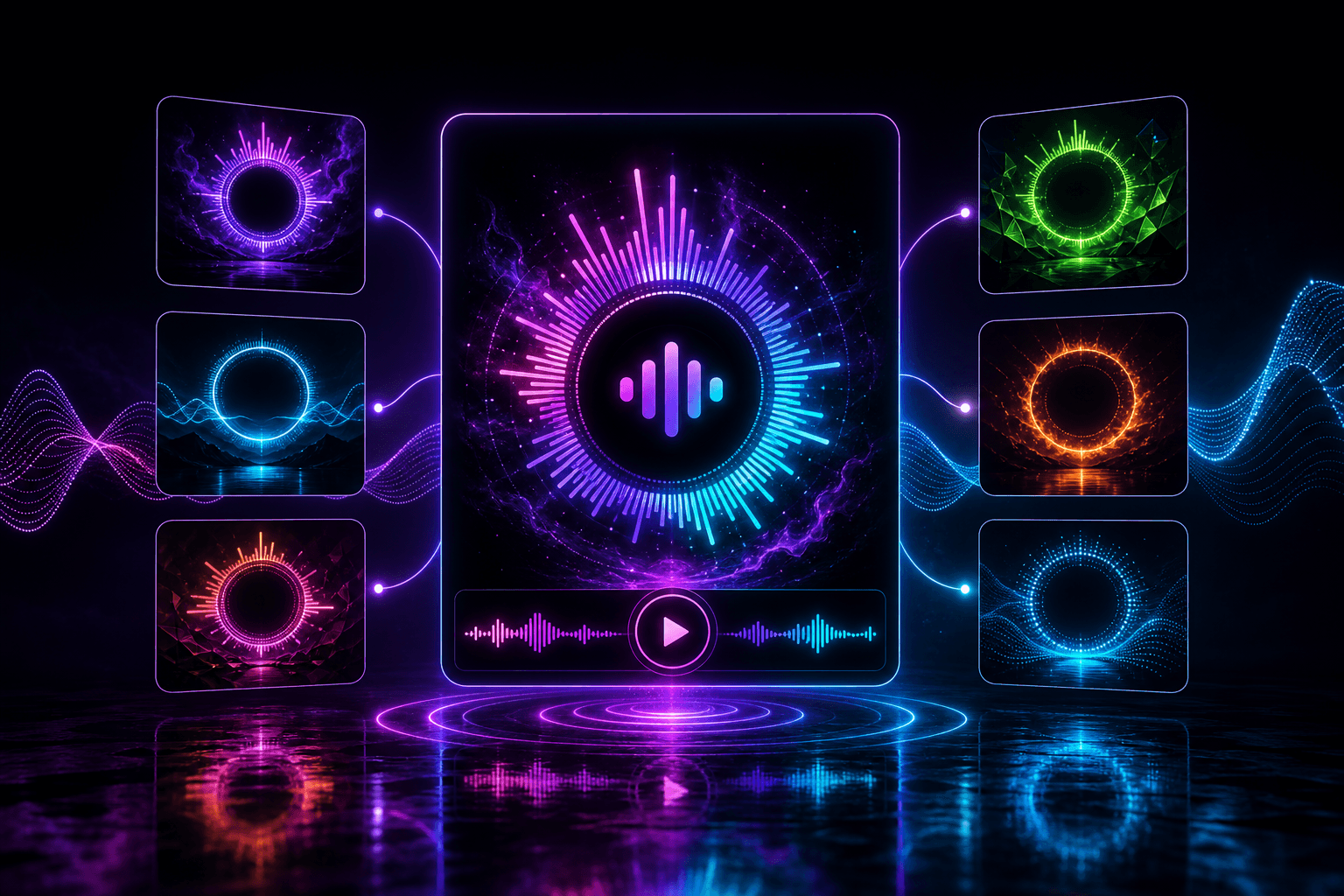 A template preview card showing a radial logo crown visualizer with six glowing mode tiles and audio waveform ribbons