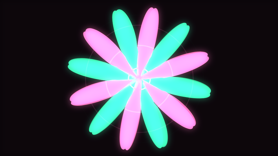 Layered petal forms with expanding rings crossing through them
