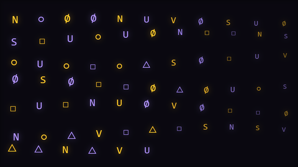 A grid of small monospaced characters across a dark frame, some brighter and larger than others