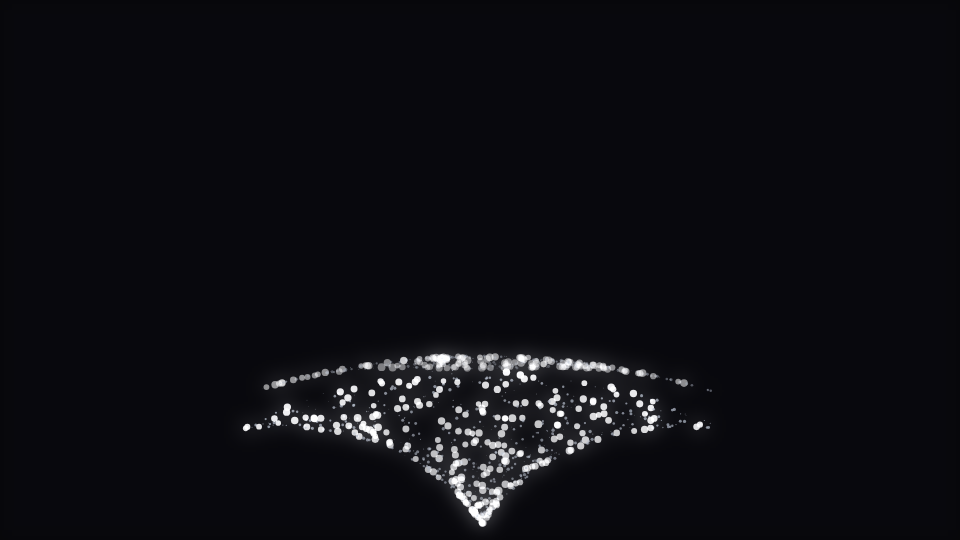 Arcs of particles rising from the lower edge of a dark frame and falling away to either side