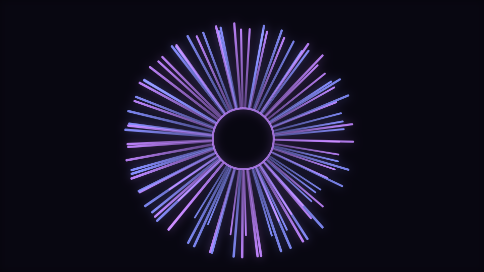 Dense symmetric rays radiating from a reserved centre, with finer and coarser layers overlapping