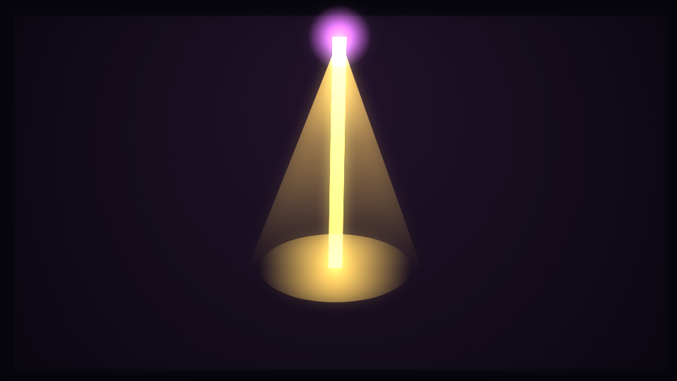 A single wide beam thrown from above onto an elliptical pool of light on a dark stage