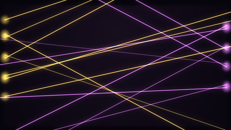 Thin bright lines crossing a dark hazy frame from fixtures along the left and right edges