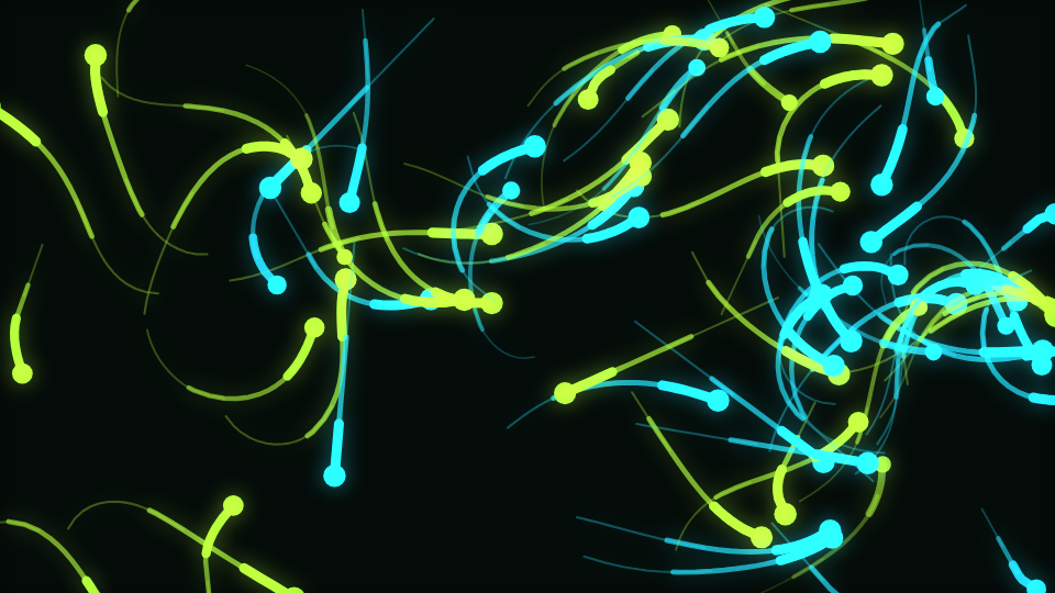 Many short glowing strands aligned into visible currents across a dark frame