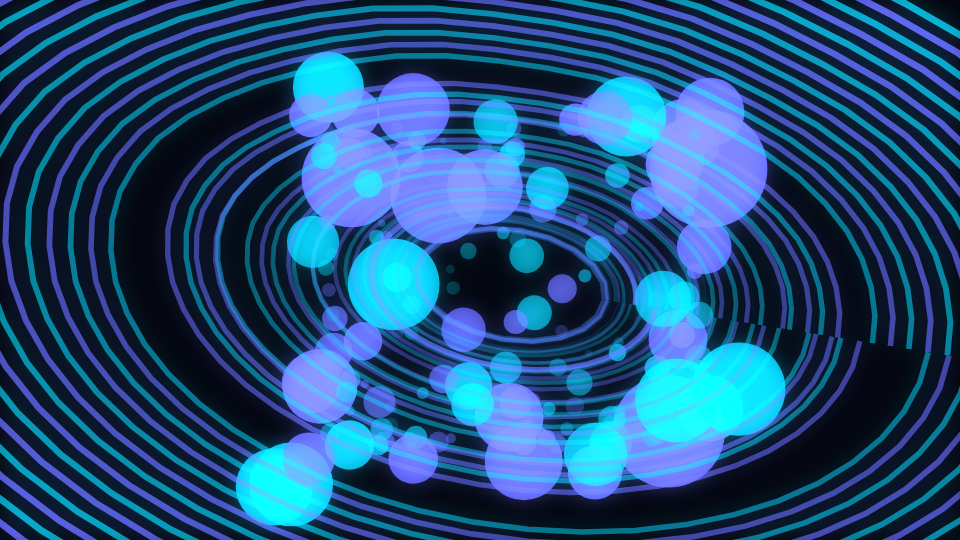 A spiral of bright points wrapped around a receding series of faint circular rings