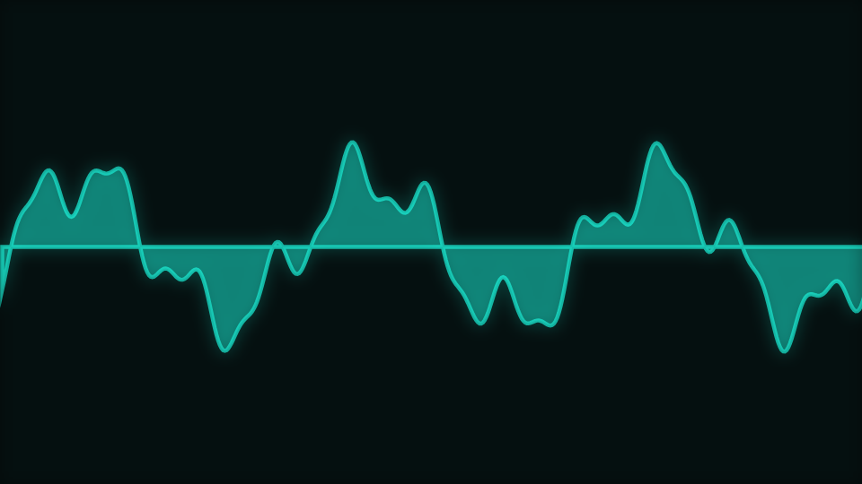 A waveform trace across the middle of a dark frame with the area between it and the centre line shaded